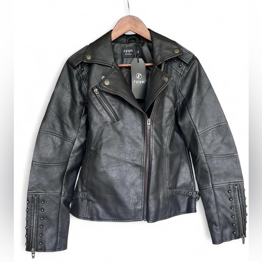 NWT SPYM Studded Moto Jacket - Black Vegan Leather Size M Womens